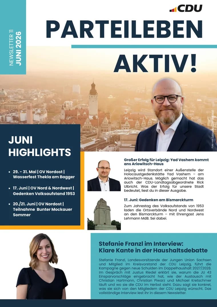 Titelseite des Newsletters der CDU Leipzig, Ausgabe Juni 2026