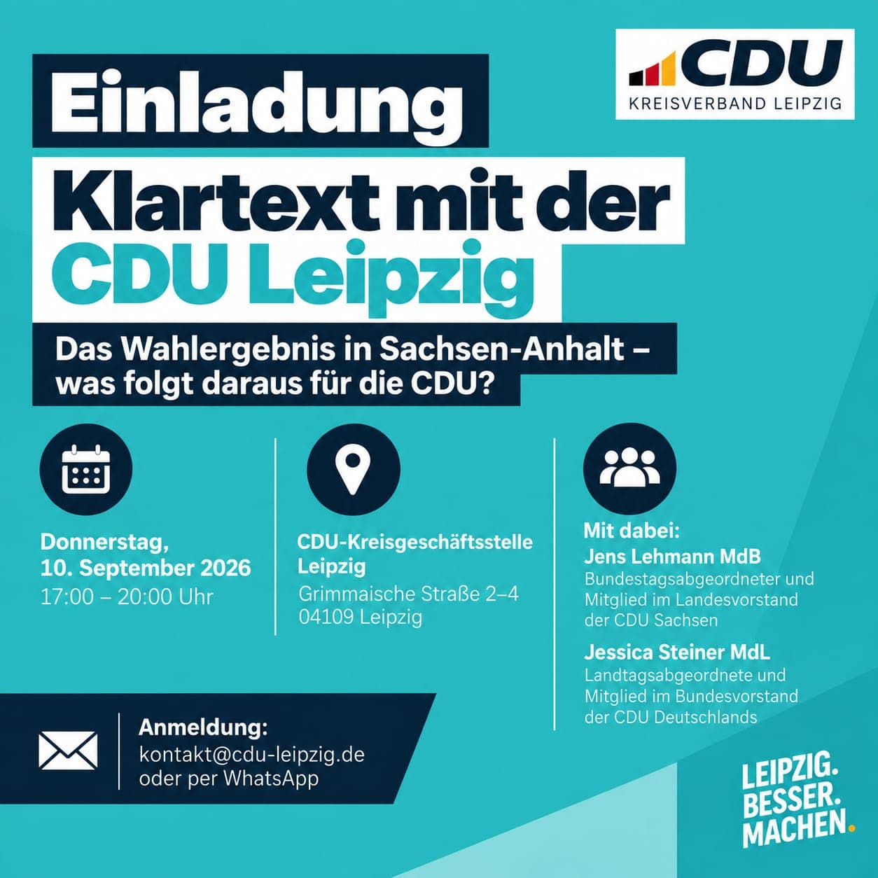 Sharepic der CDU Leipzig zur Einladung „Klartext mit der CDU Leipzig“ am 10. September 2026