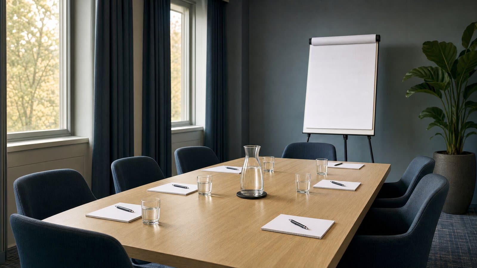 Symbolbild: Vorbereiteter, leerer Besprechungsraum mit Holztisch, Notizblöcken, Wassergläsern und einem unbeschriebenen Flipchart.